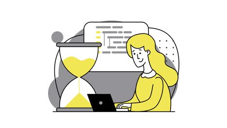 programadora chica rubia. trabajo remoto. un programador está trabajando en la próxima gran cosa. codificación en pantalla, codificación html y programación de pantalla, desarrollo web, desarrollador. fecha límite. reloj de arena. animación 2d