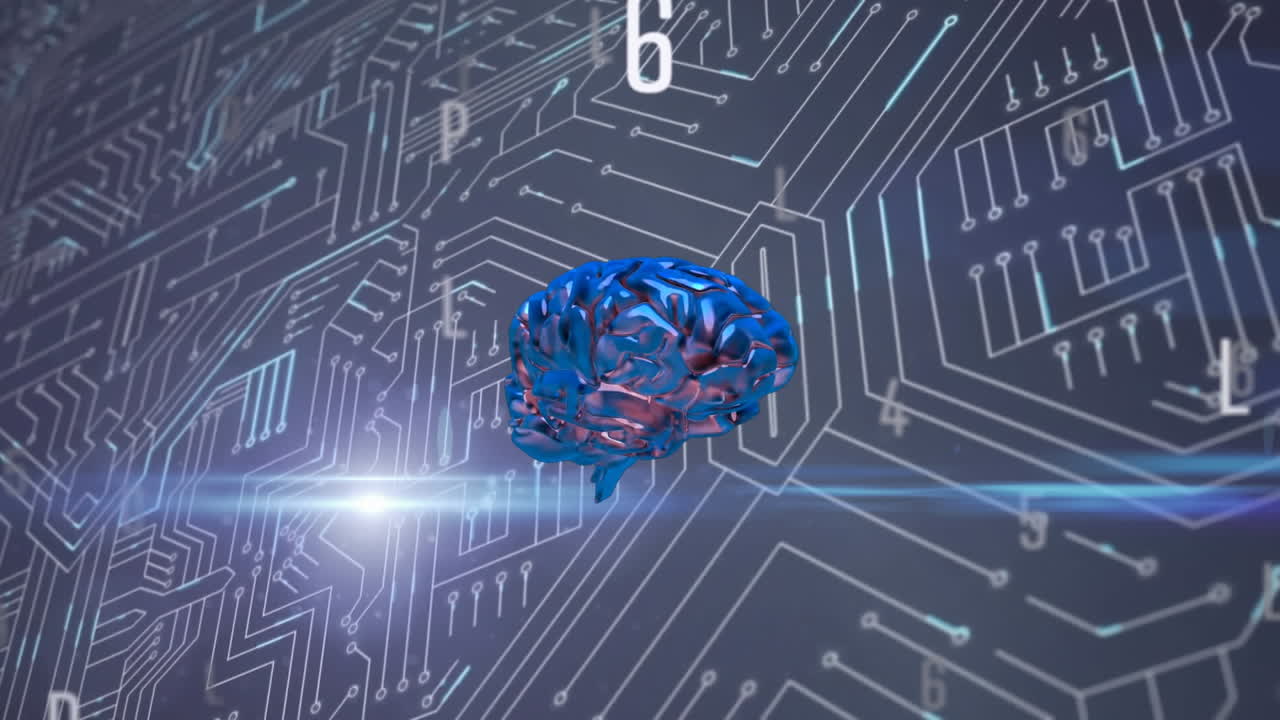 Animation of human brain and data processing on circuit board