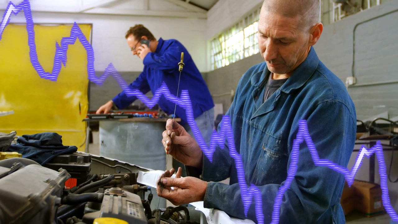 Tech pulling dipstick, checking oil, tuning, helper phoning, purplewave obscuring engine in garage