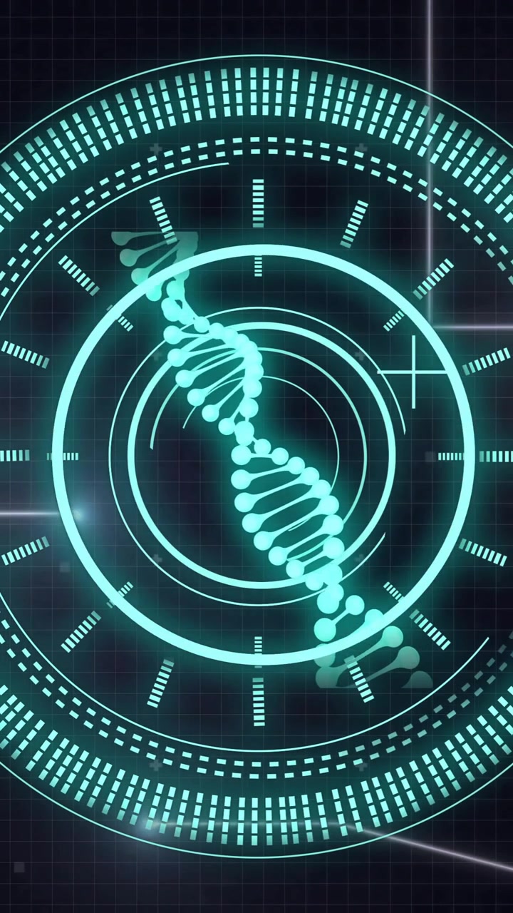 Animation of scope, dna strand and data processing over black background