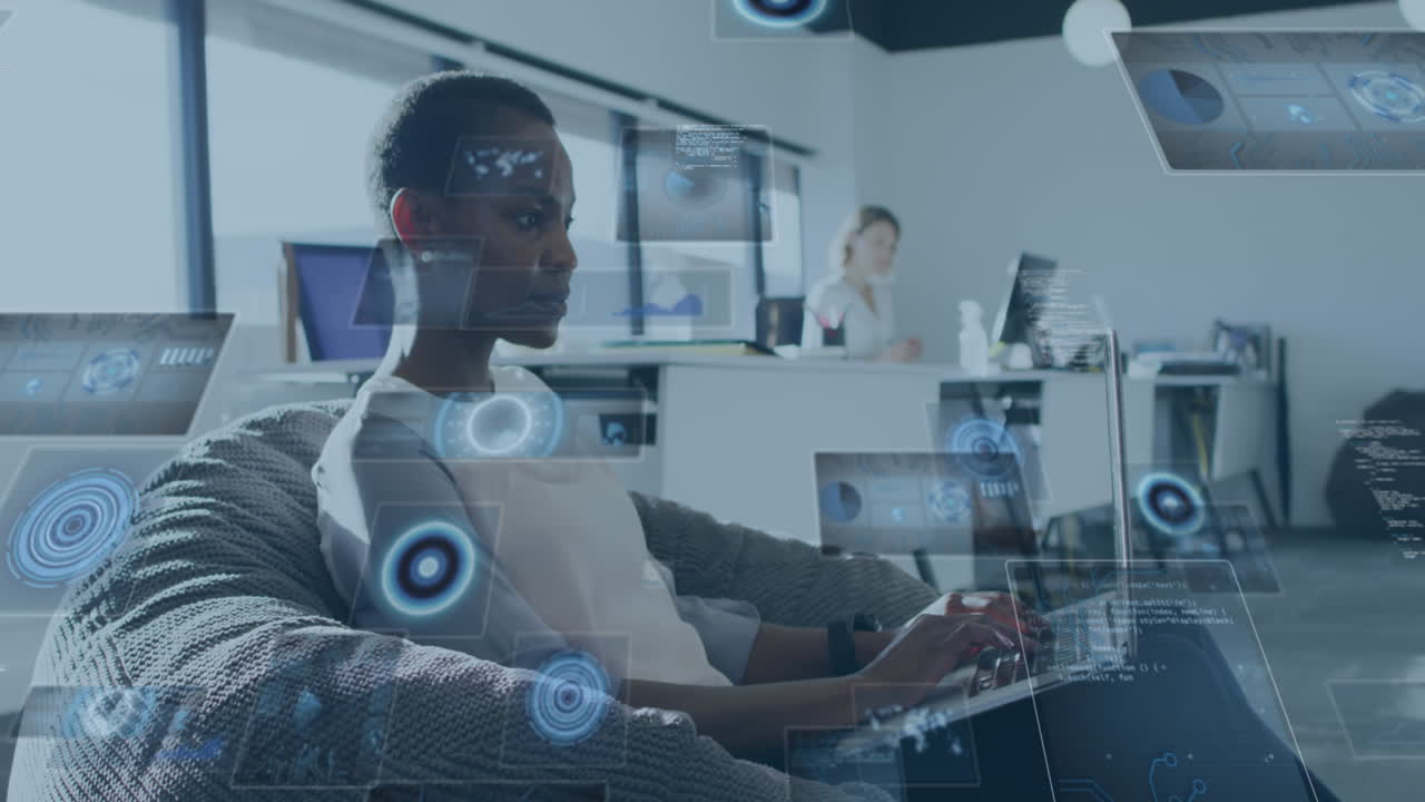 Animation of round scanners and data processing over african american woman using laptop at office