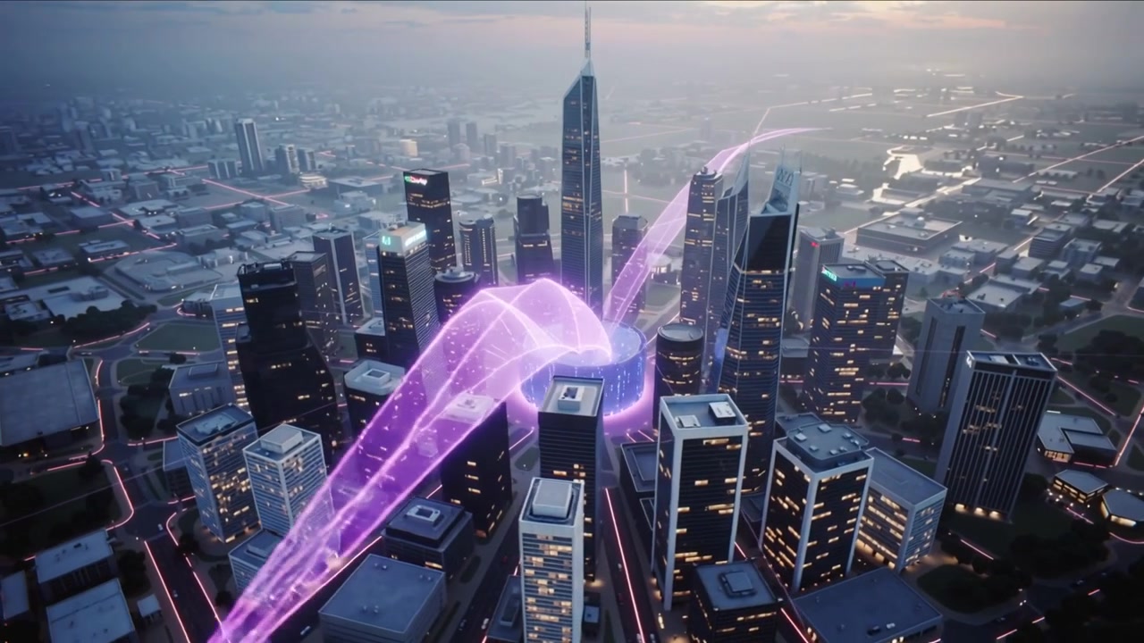 Gliding magenta ribbon coming right edge coiling over circular glass arena tracing downtown paths