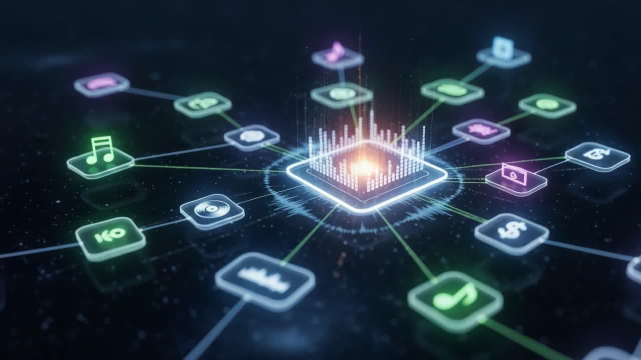 A Dynamic Visualization of Digital Networks Highlighting Connectivity Through Music, Data, and Financial Icons Representing Modern Technology Interactions