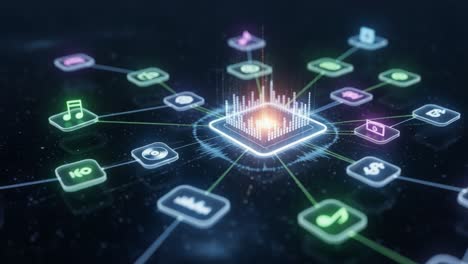 a dynamic visualization of digital networks highlighting connectivity through music, data, and financial icons representing modern technology interactions