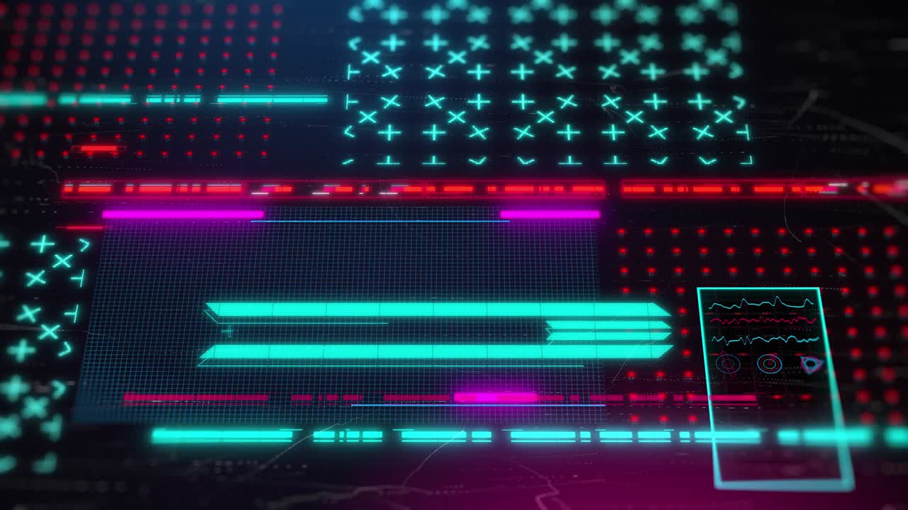 Cyberpunk style neon background. Retrowave hud interface loop animation.