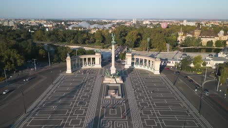 millennium monument, heroes' square in budapest, hungary - cinematic drone shot