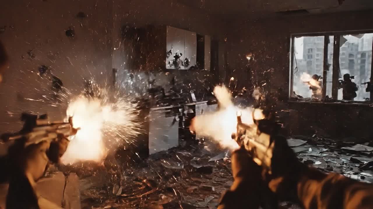 Soldiers engaged in indoor gunfire battle