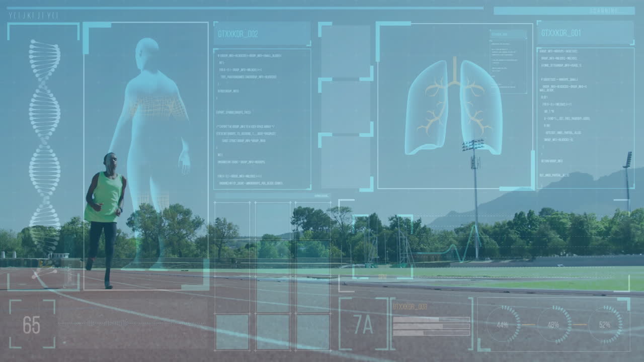 Medical data and human anatomy animation over outdoor sports track background