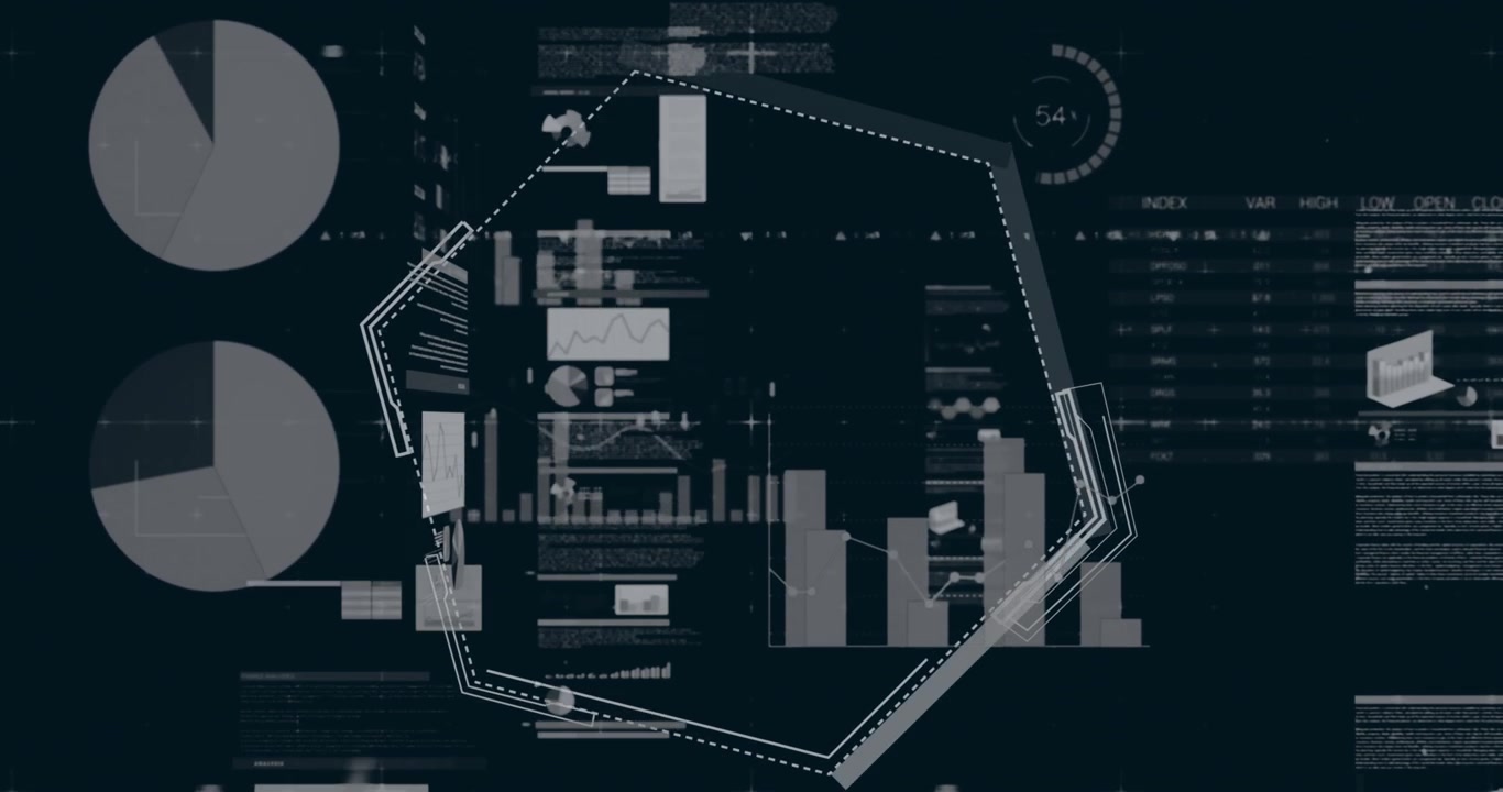Animation of hexagon over multiple graphs and trading board against black background