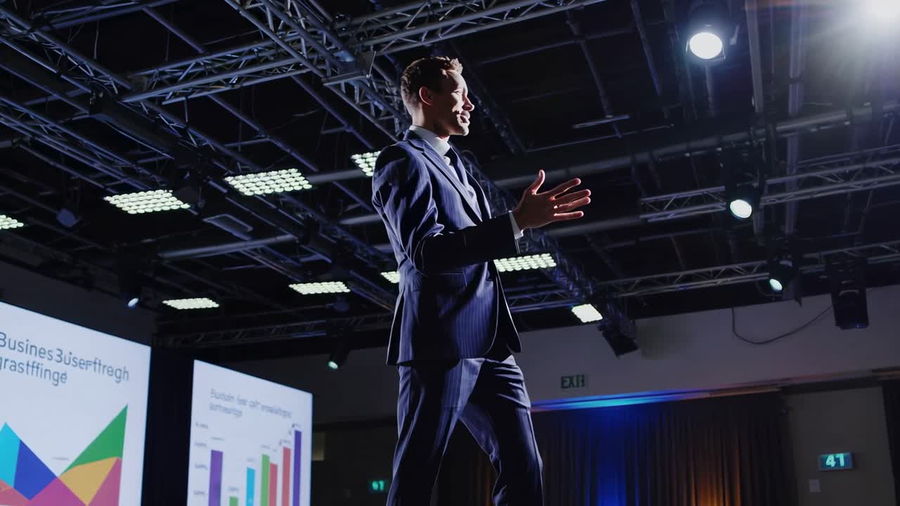 A dynamic video captures a speaker on stage with a low-angle shot, highlighting business charts