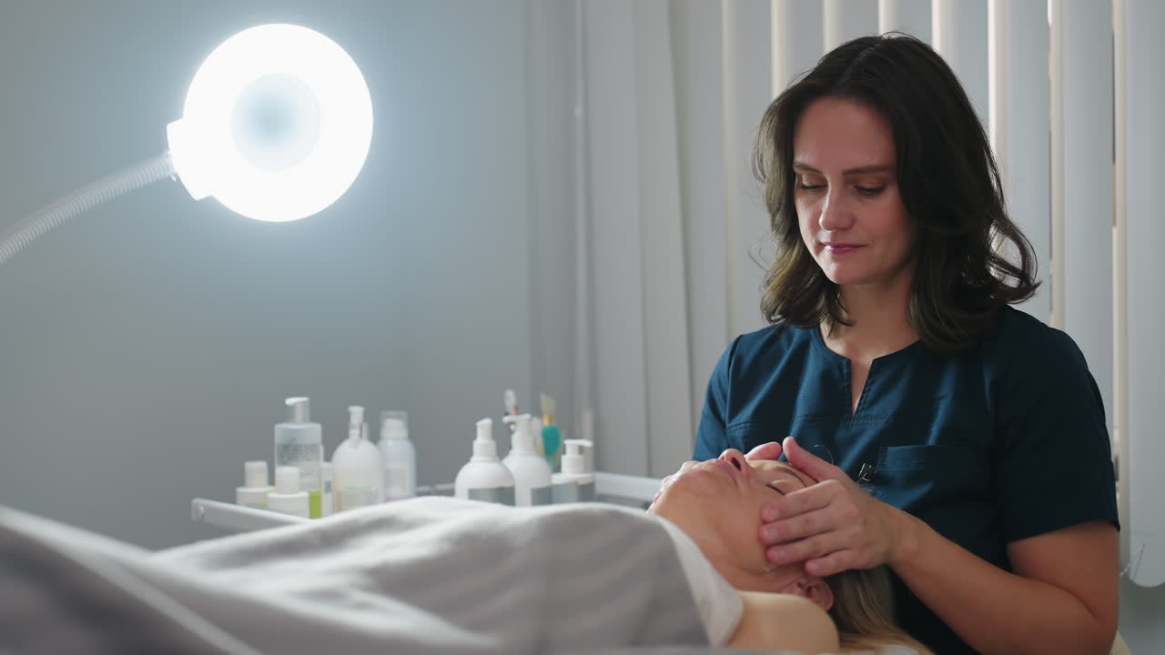 Treatment provider gently rubs individual face with massage gel on hands, smoothing product across cheeks and forehead with soft fluid motion, creating calming spa experience in bright treatment room