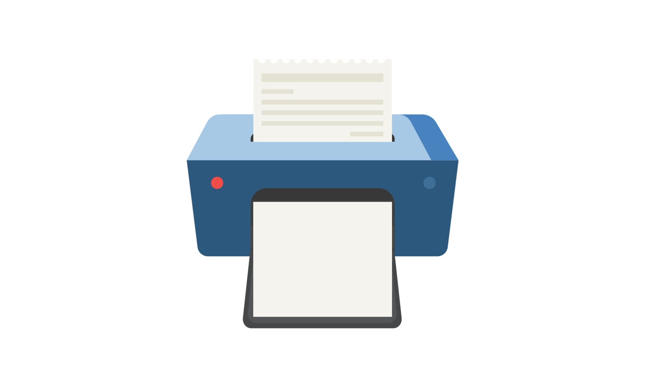 Stampante blu animata che stampa un documento con luci lampeggianti