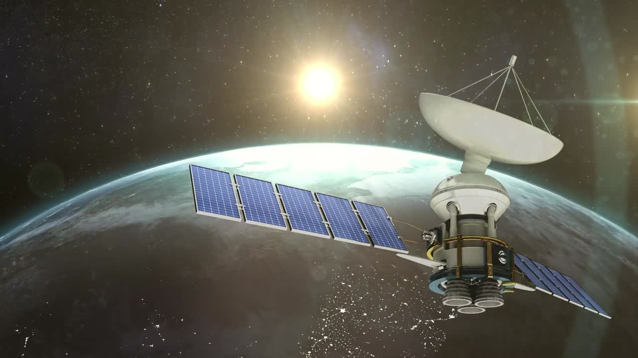 블랙 배경 에 회전 하는 지구 위 의 위성 의 애니메이션