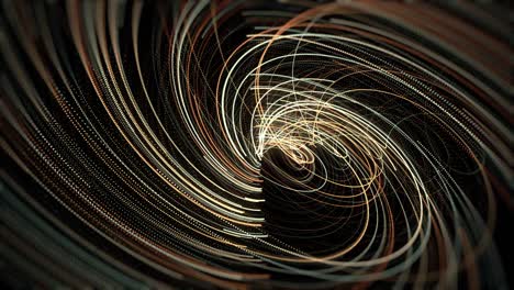 abstract energy tunnel in outer space. animation. flowing vortex energy of many golden bended lines on black background, seamless loop.