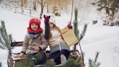 Happy children on sled. Little kids enjoying sled of Santa Claus