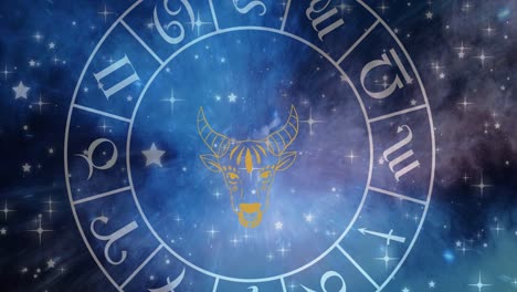 animation of taurus star sign symbol in spinning horoscope wheel over glowing stars