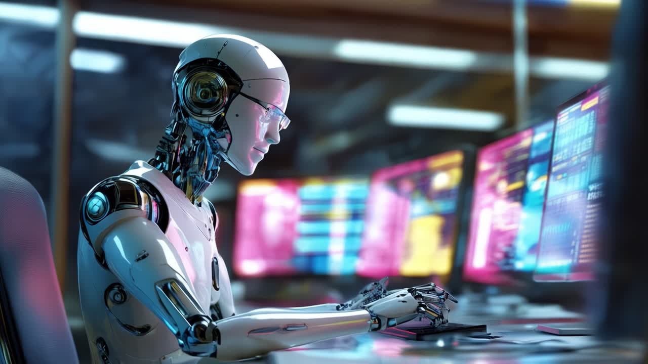 A humanoid robot sits focused at a sleek workstation, typing on a keyboard surrounded by colorful screens displaying code and data. The setting features a modern, high-tech design with dim lighting that highlights the advanced technology. The robot's intricate details and robotic hands convey a sens