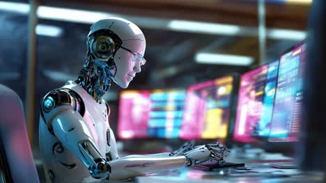 a humanoid robot sits focused at a sleek workstation, typing on a keyboard surrounded by colorful screens displaying code and data. the setting features a modern, high-tech design with dim lighting that highlights the advanced technology. the robot's intricate details and robotic hands convey a sens