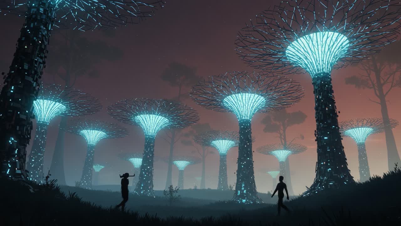 A Surreal Digital Forest: Giant Illuminated Trees with Glowing Canopies Create a Mystical Atmosphere in an Otherworldly Landscape at Dusk