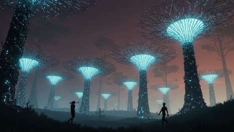 a surreal digital forest: giant illuminated trees with glowing canopies create a mystical atmosphere in an otherworldly landscape at dusk