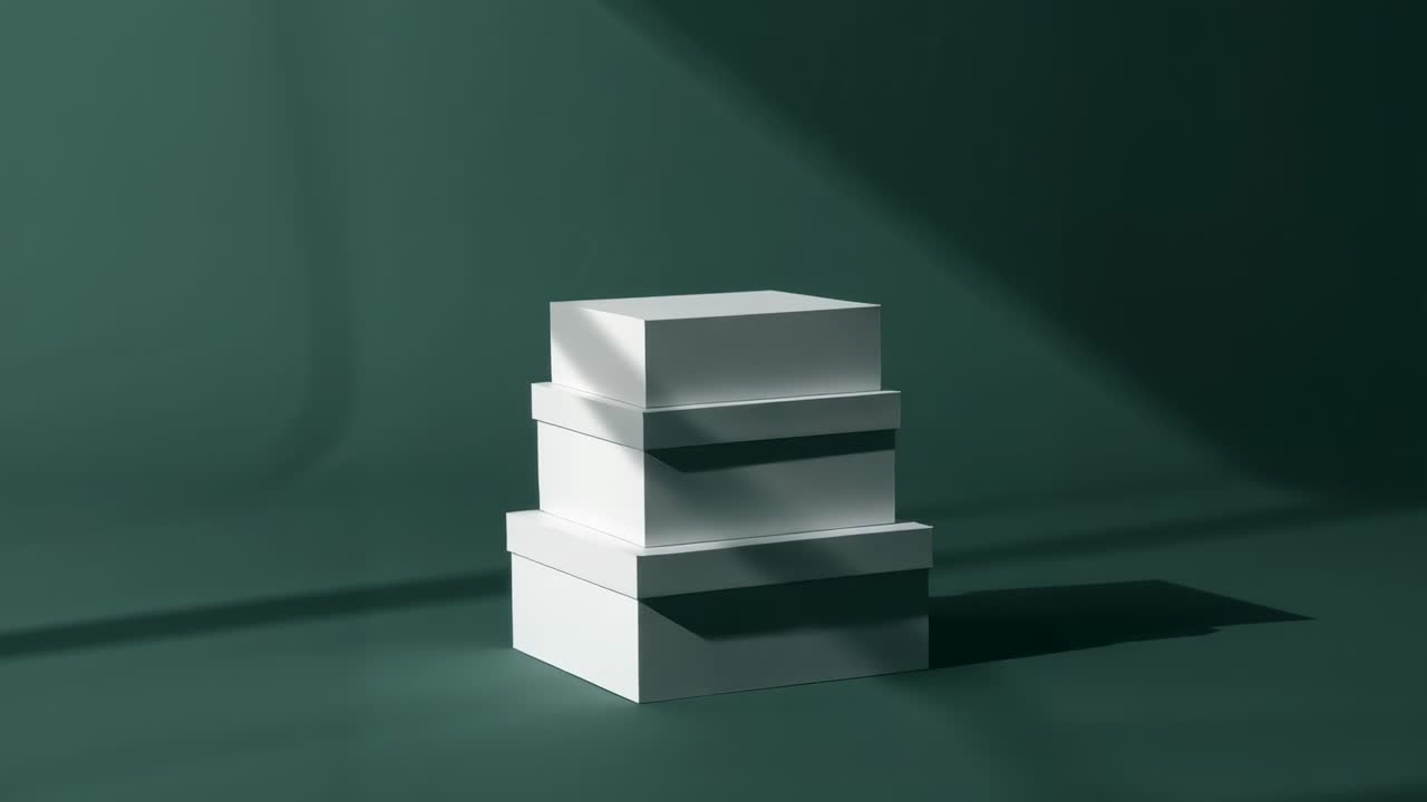 On start rotating three stacked white boxes clockwise on green floor, casting diagonal shadows