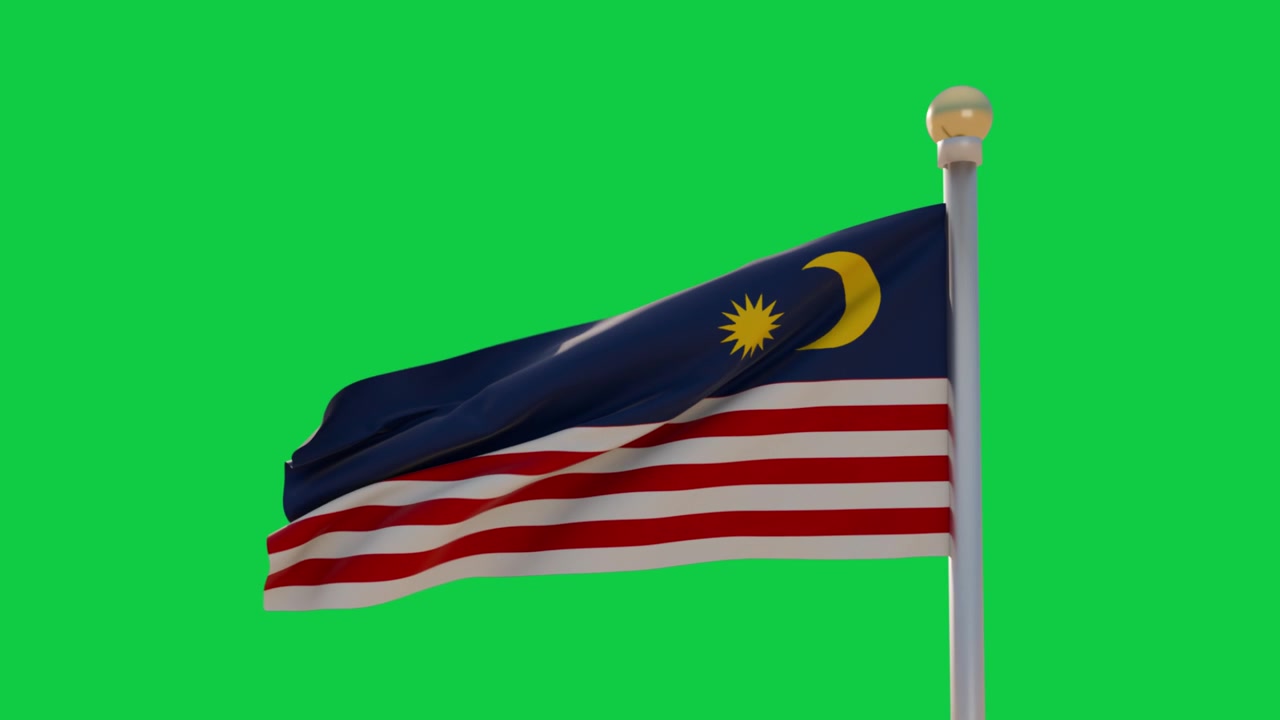 Malaysian flag rippling from gusts, billowing and twisting, settling on transparent backdrop