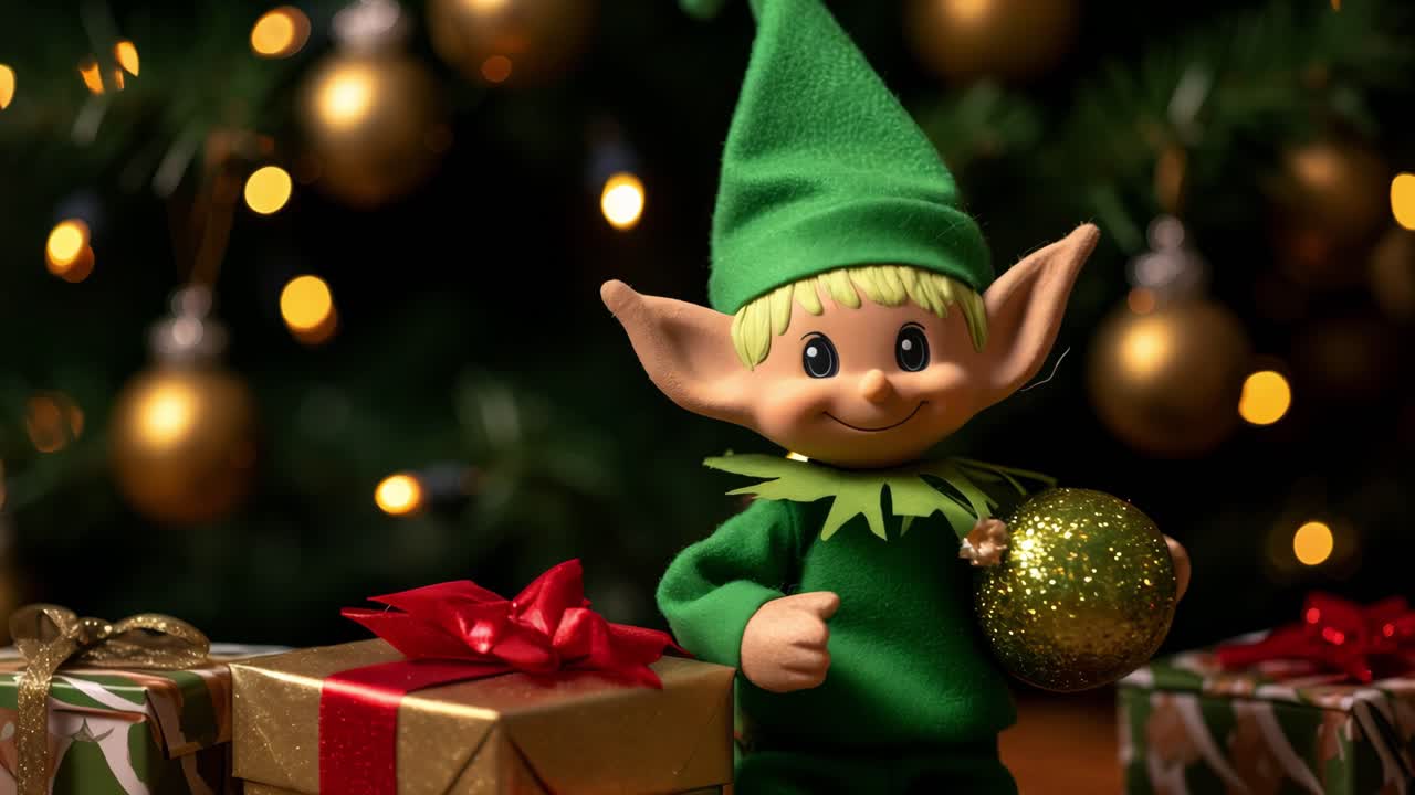 Christmas elf toy with green costume, holding a sparkling golden ball ornament, standing near wrapped Christmas presents under a decorated Christmas tree with warm lights