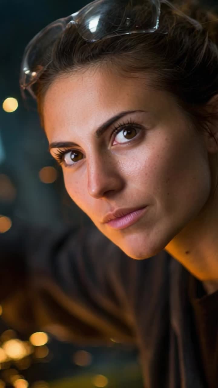 Captivating Focus: A Determined Young Woman Engaged in Craftsmanship Illuminated by Glowing Sparks in a Workshop Setting