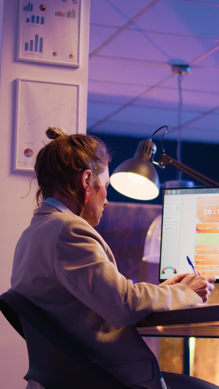 Vertical video: Executive manager analyzing statistics data at desk