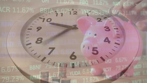 Animation-of-clock-timelapse-and-trading-board-over-caucasian-woman-hand-inserting-coin-in-piggybank
