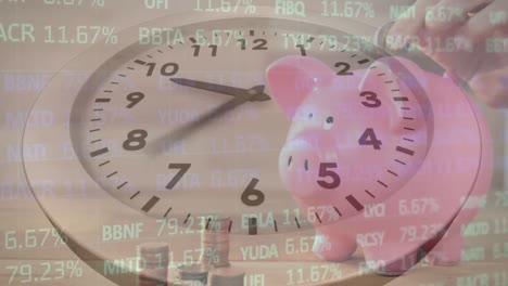 animation of clock timelapse and trading board over caucasian woman hand inserting coin in piggybank