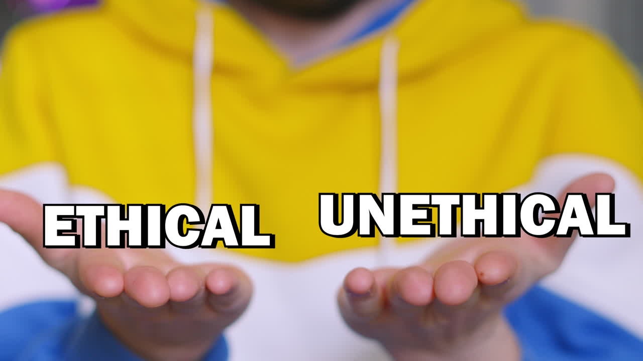 ETHICAL UNETHICAL Choice Text Appearing on Male Hands and Tracking with Up and Down Movement. Visual Illustration of Two Options and Weighing Up Decision with Pros and Cons.