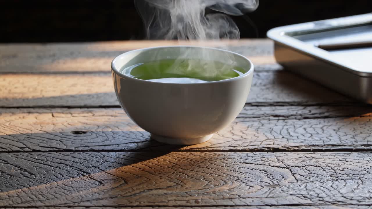 Steaming green tea in a white bowl on rustic wood, captured in a close-up angle