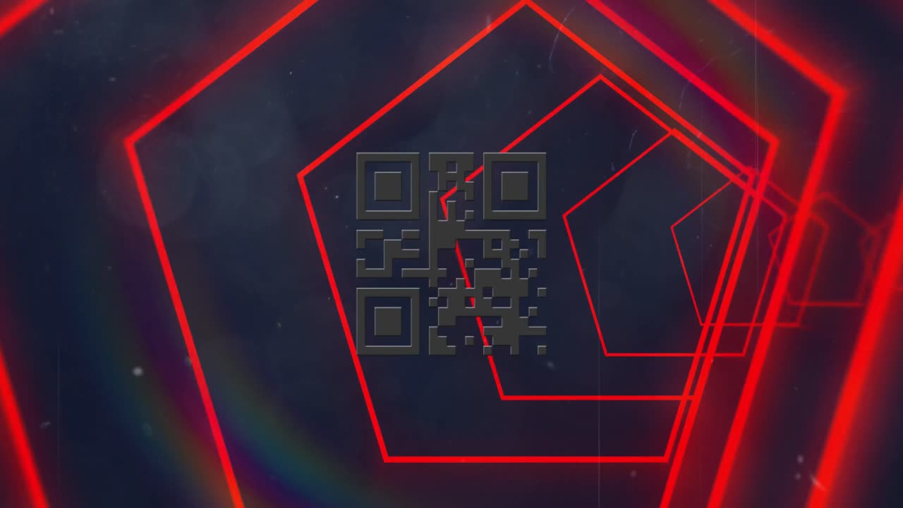 Animation of red neon geometrical shapes over qr code