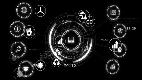 Circular data visualization with environmental icons and coding animation over black background