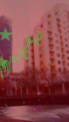 animation of flag of china and data processing over cityscape