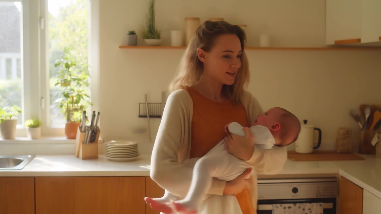 Mère souriante berçant son nouveau-né dans une cuisine ensoleillée, routine matinale avec un doux allaitement au biberon.