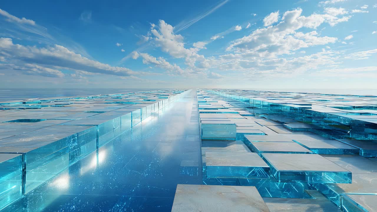 A Serene and Futuristic Landscape of Glimmering Ice-Like Blocks Under a Bright Sky, Reflecting the Peacefulness of Nature and Light, Creating a Dreamlike Pathway to the Horizon