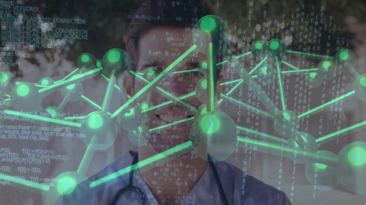 Doctor displaying health data outdoors showcasing neon-green network and floating code