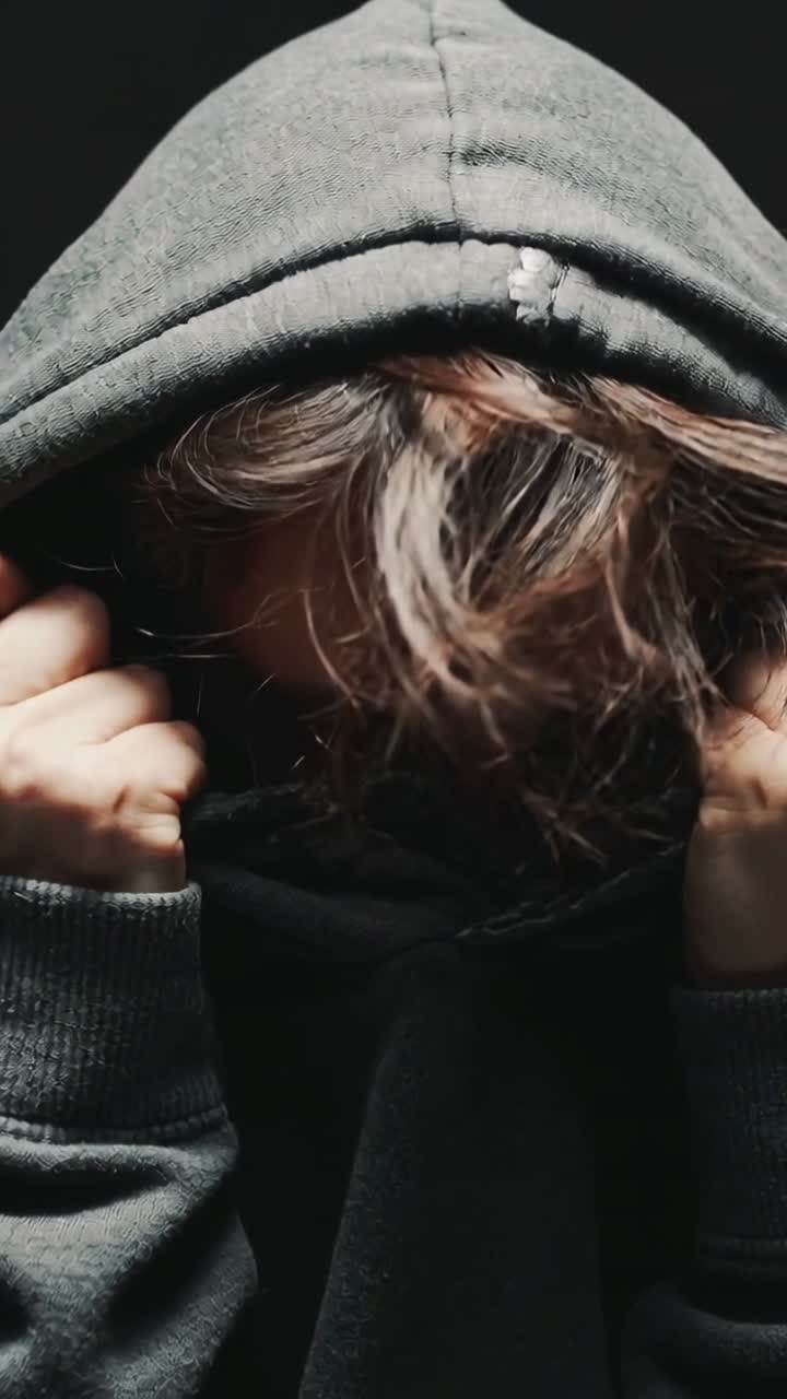 Giovane persona angosciata che si tira il cappuccio sul viso.
