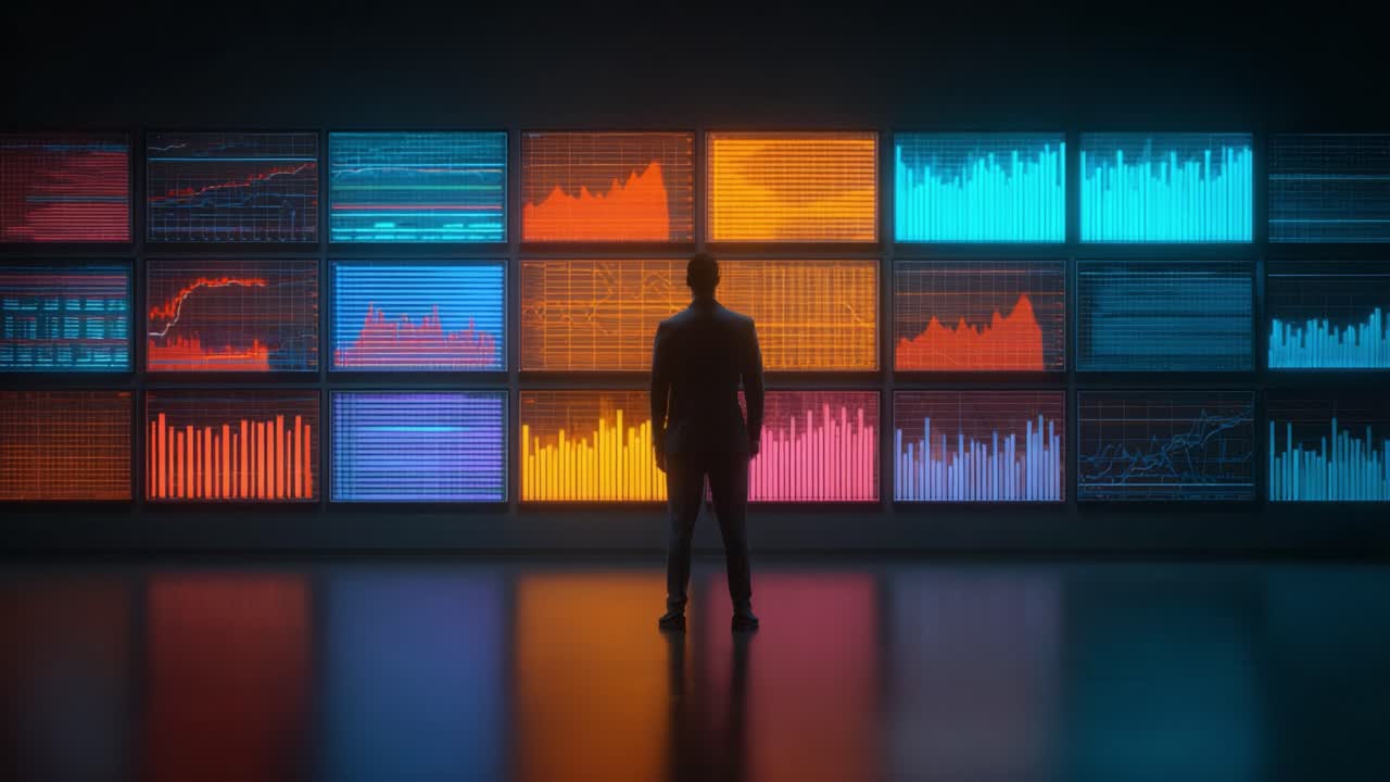 A Business Professional Analyzing Complex Data Visualizations on Multiple Screens, Highlighting Trends and Insights in a High-Tech Environment