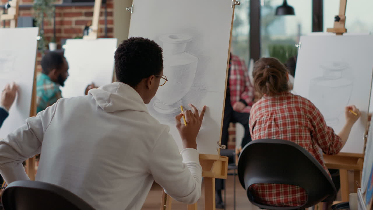 African american student drawing contemporary sketch in art class