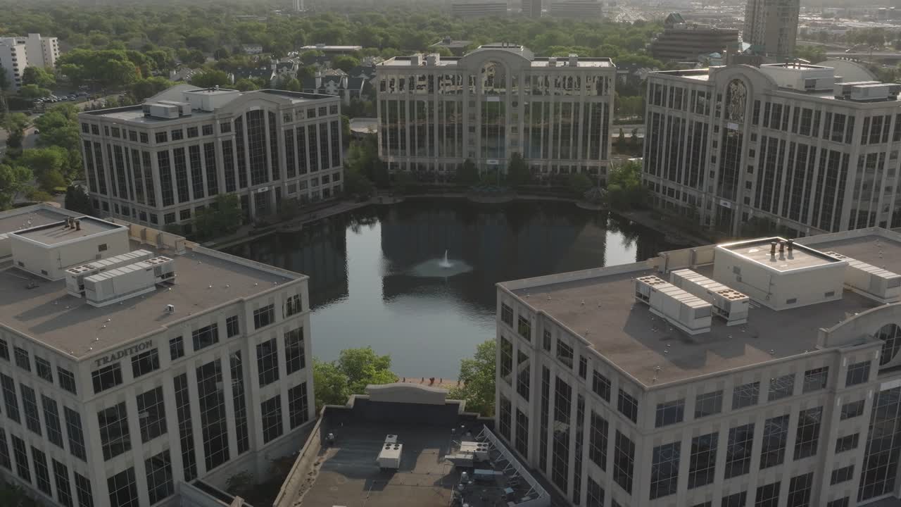 Tilt up drone view of Centennial Lakes Park at Edina, Minnesota of USA.