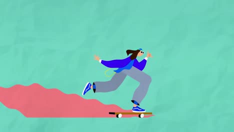 animación de un elegante niño skateboarding en el fondo verde.