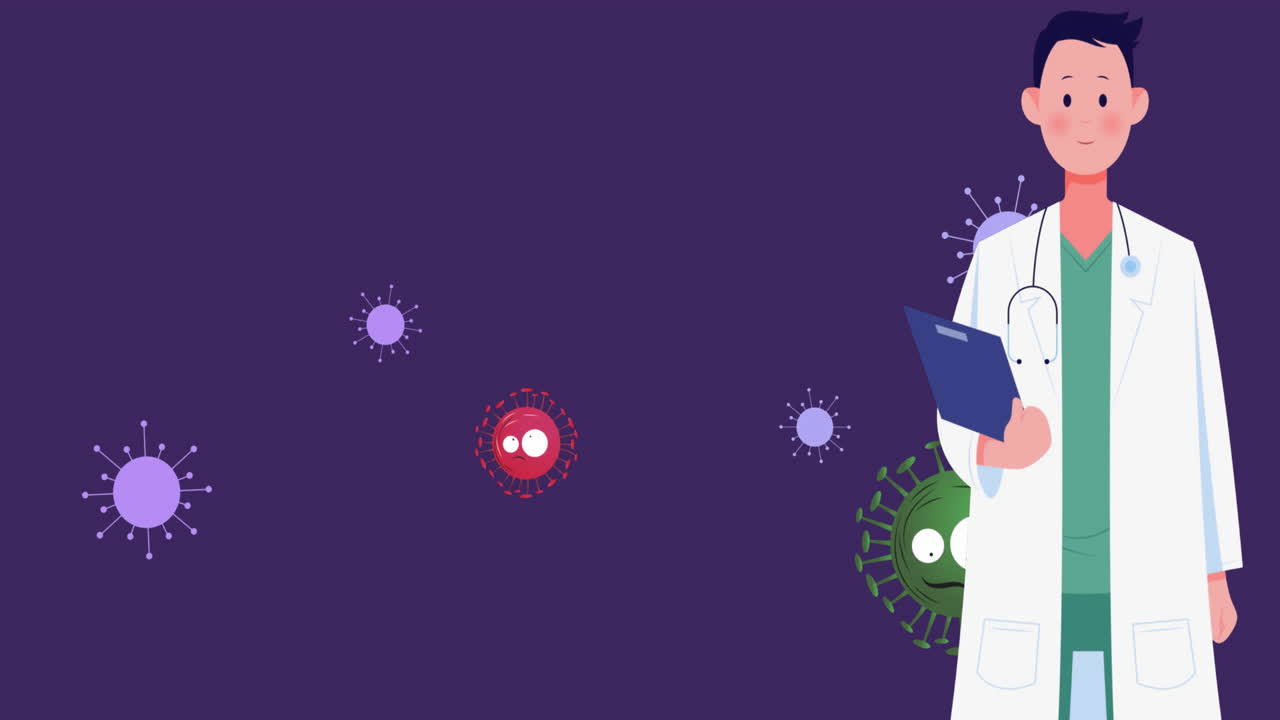 анимация падающих клеток ковид-19 на фиолетовом фоне