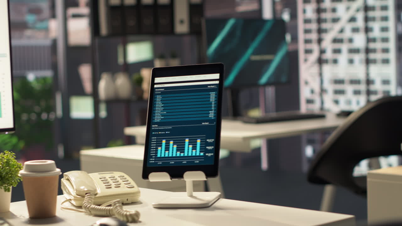 espacio de trabajo de oficina moderno con tableta y gráficos de datos