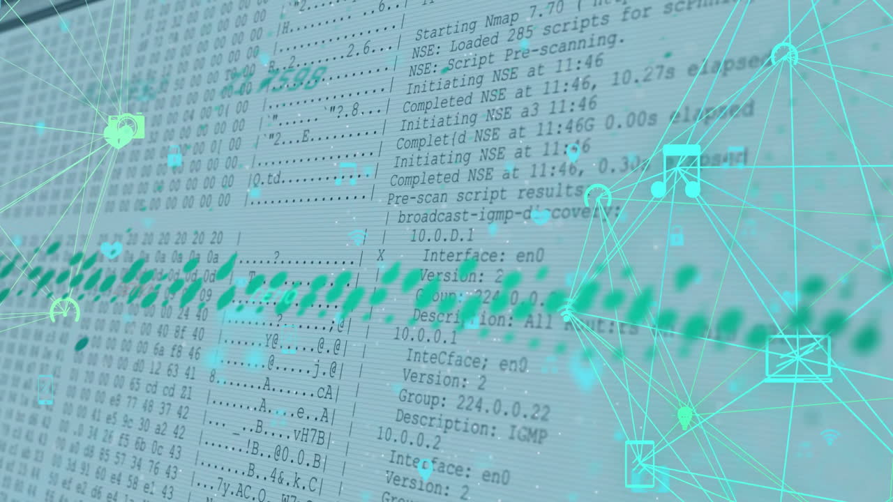 ⁇ 색 배경에 데이터 처리에 대한 아이콘으로 연결 네트워크의 애니메이션