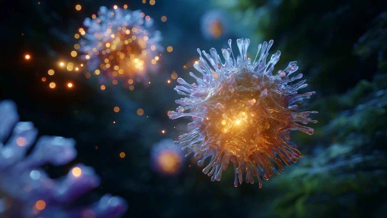 Intricate Visualization of Microscopic Viral Entities Illuminated Against a Deep Green Background with Subtle Glimmers Enhancing Their Reactive Nature and Form
