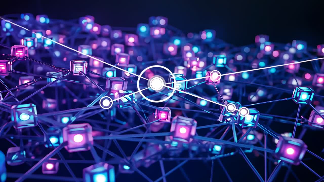 Animating lattice rods and cubes pulsing radiating lines after white highlight in digital void