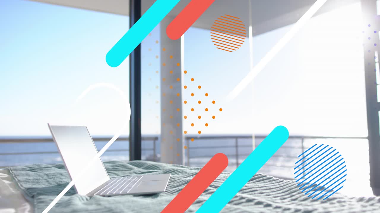 Animated overlays sweeping from top-left obscuring revealing open silver laptop and ocean horizon